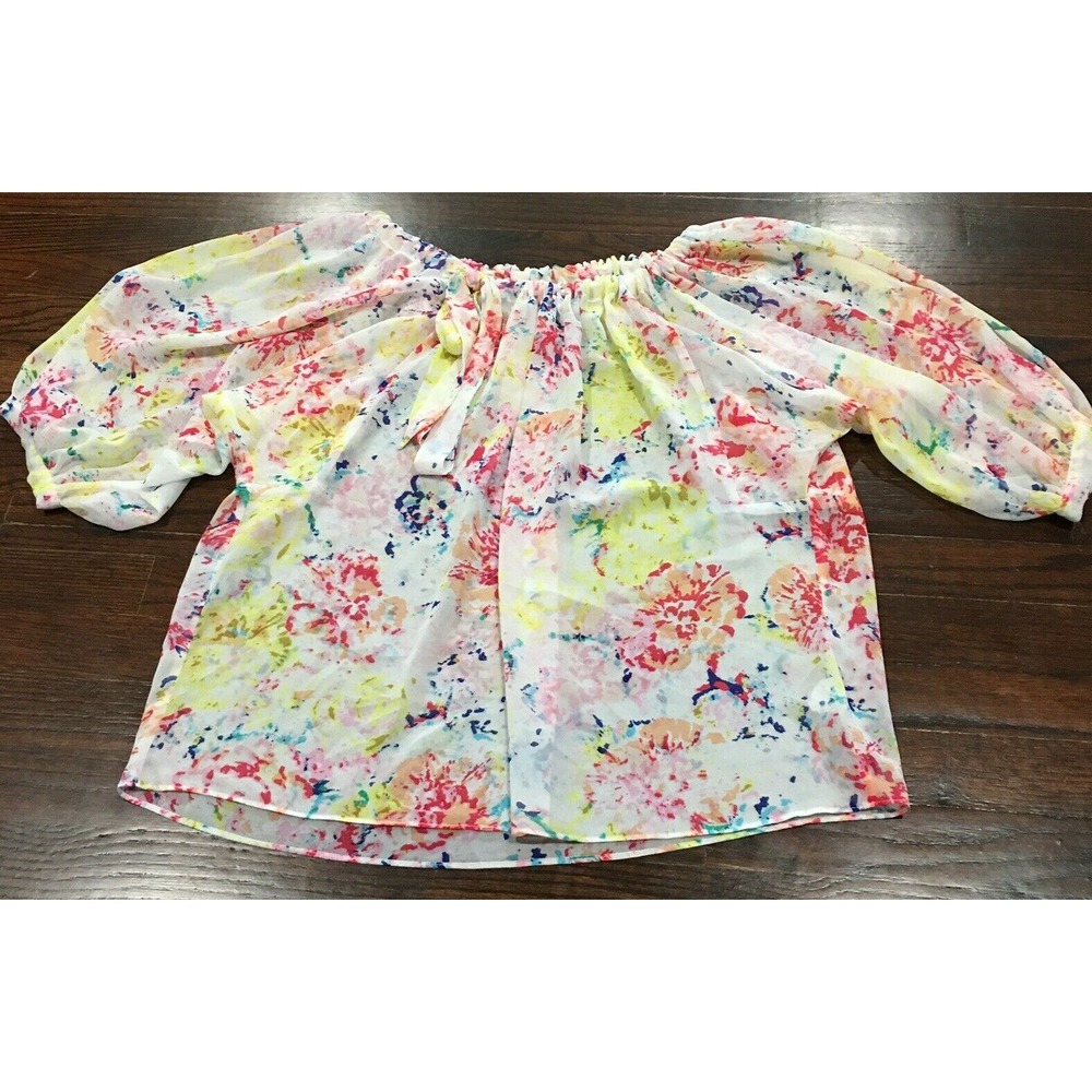 CABI MultiColor Floral Tye Neck Sheer Blouse Top Womens Sz M Boho Baloon Sleeves